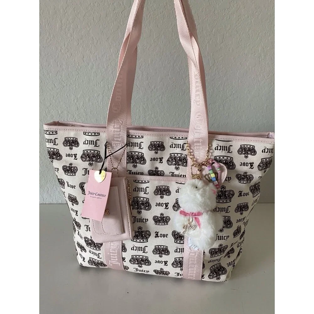 Juicy Couture Crown Juicy Festival Tote Bag Pink Cream Chocolate W/Plush Charm‎